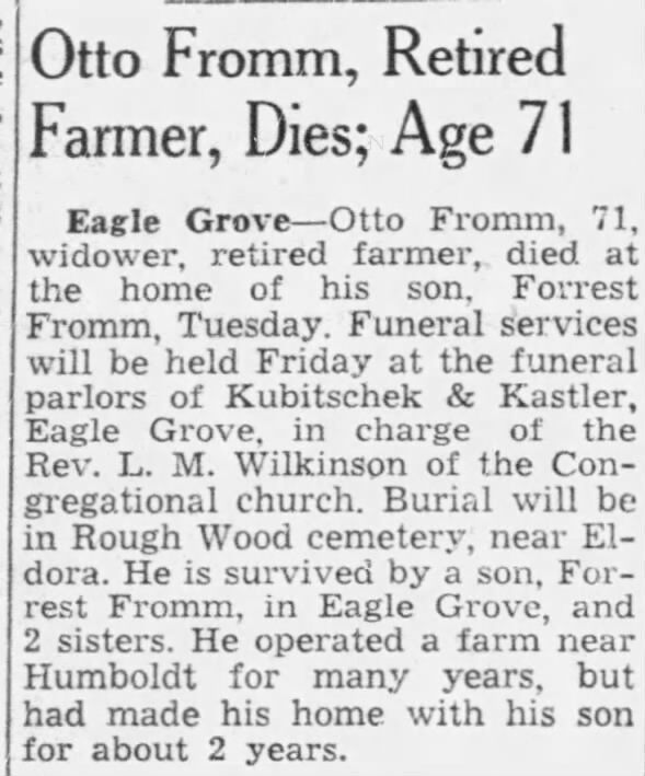 Obituary for Otto Fromm (Aged 71)